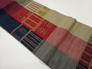 手織り紬草花に縞模様織出し名古屋帯